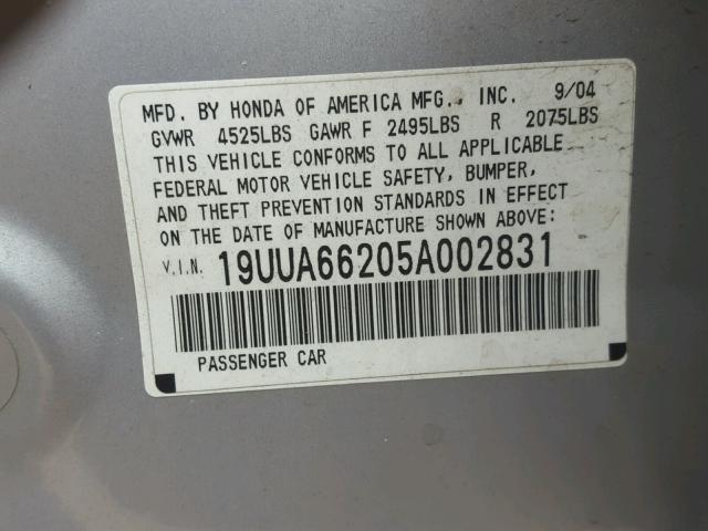 19UUA66205A002831 - 2005 ACURA TL GRAY photo 10