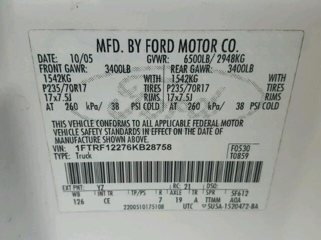 1FTRF12276KB28758 - 2006 FORD F150 WHITE photo 10