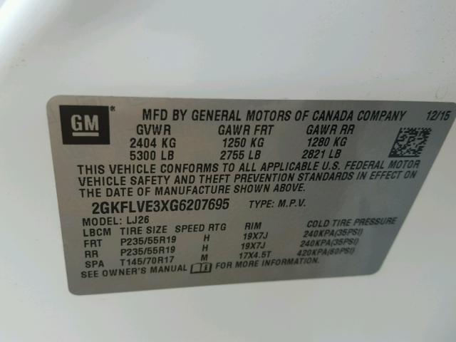 2GKFLVE3XG6207695 - 2016 GMC TERRAIN DE WHITE photo 10