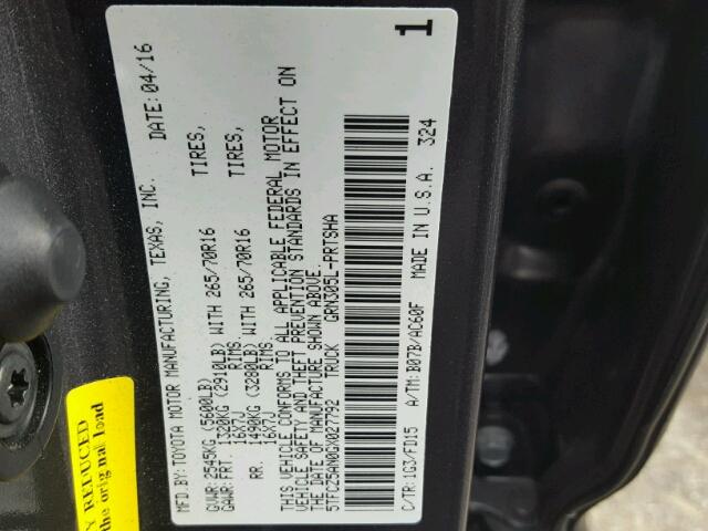 5TFCZ5AN0GX027792 - 2016 TOYOTA TACOMA DOU GRAY photo 10