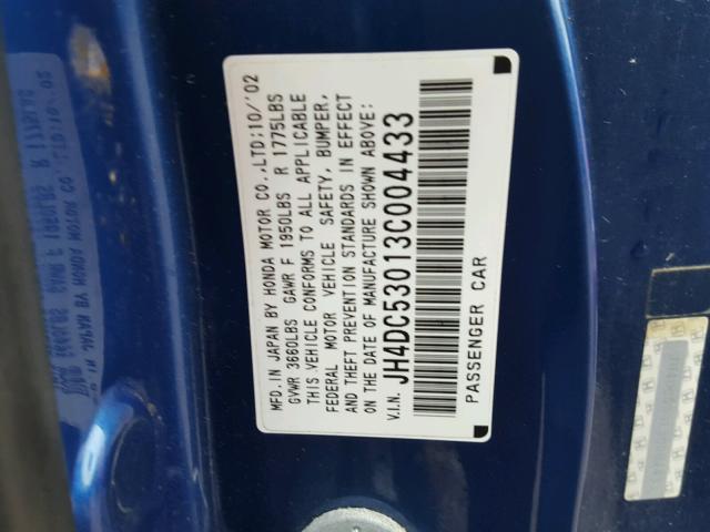 JH4DC53013C004433 - 2003 ACURA RSX TYPE-S BLUE photo 10