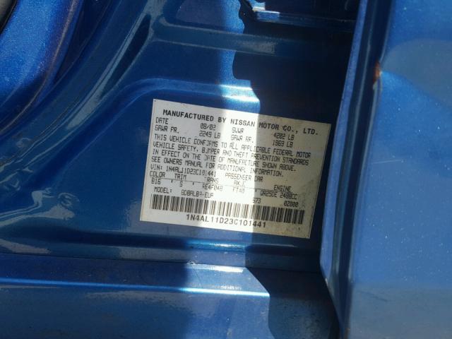 1N4AL11D23C101441 - 2003 NISSAN ALTIMA BLUE photo 10