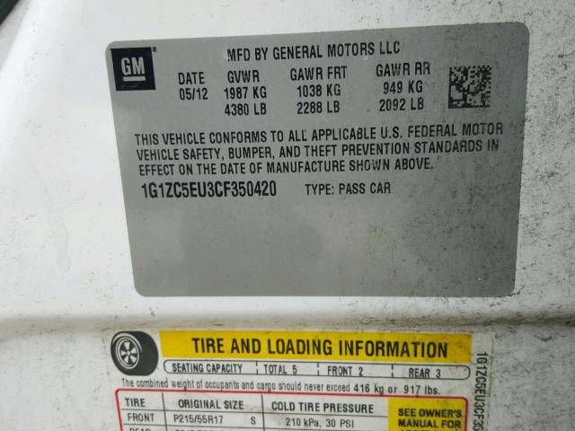 1G1ZC5EU3CF350420 - 2012 CHEVROLET MALIBU 1LT 白色 照片 10