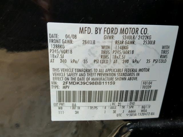 2FMDK39C98BB11159 - 2008 FORD EDGE LIMIT BLACK photo 10