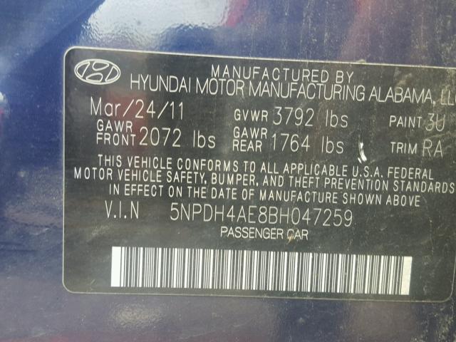 5NPDH4AE8BH047259 - 2011 HYUNDAI ELANTRA BLUE photo 10