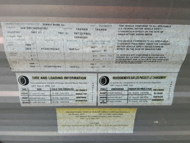 4X4TSMY24ER403951 - 2014 SALM FOREST RIV TWO TONE photo 10