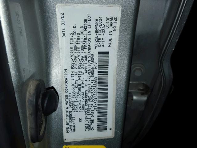 JTEHF21A220063930 - 2002 TOYOTA HIGHLANDER SILVER photo 10