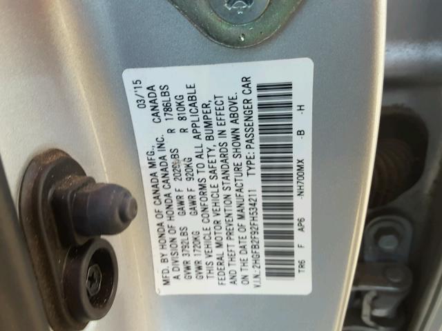 2HGFB2F92FH534211 - 2015 HONDA CIVIC EXL SILVER photo 10