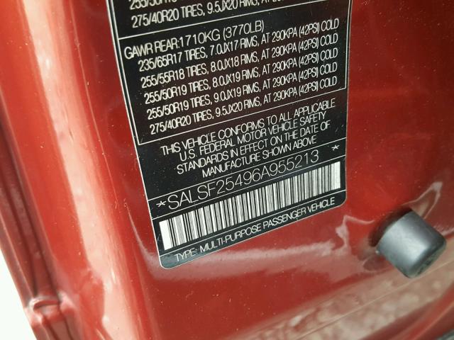 SALSF25496A955213 - 2006 LAND ROVER RANGE ROVE RED photo 10