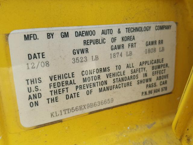 KL1TD56EX9B636659 - 2009 CHEVROLET AVEO LS YELLOW photo 10