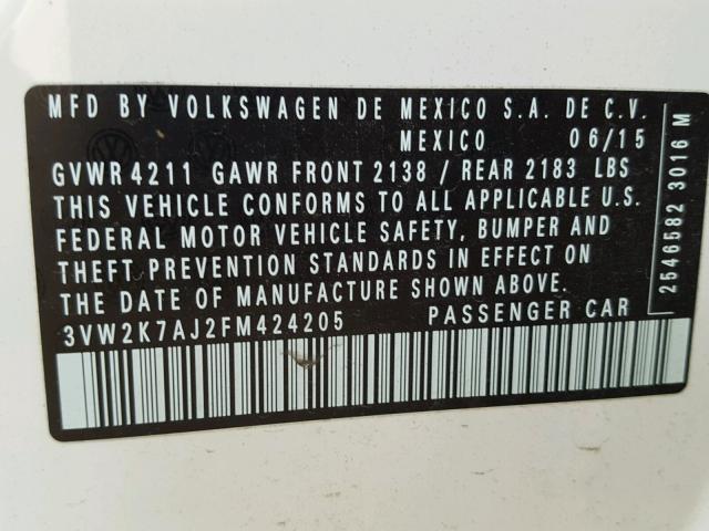 3VW2K7AJ2FM424205 - 2015 VOLKSWAGEN JETTA BASE 白色 照片 10