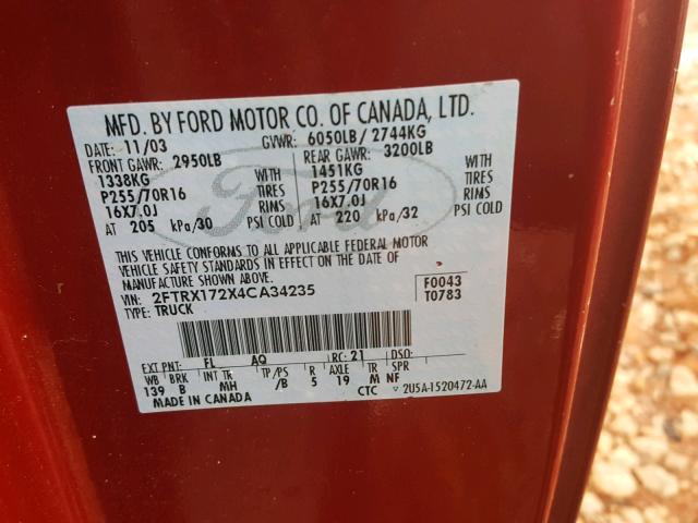 2FTRX172X4CA34235 - 2004 FORD F-150 HERI BURGUNDY photo 10