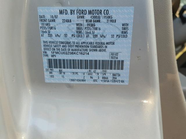 1FMCU02Z08KC16214 - 2008 FORD ESCAPE XLS BEIGE photo 10