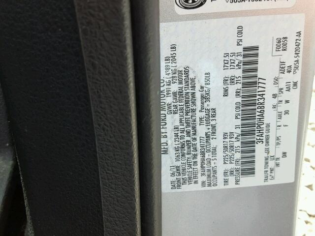 3FAHP0HA6BR341777 - 2011 FORD FUSION SE SILVER photo 10