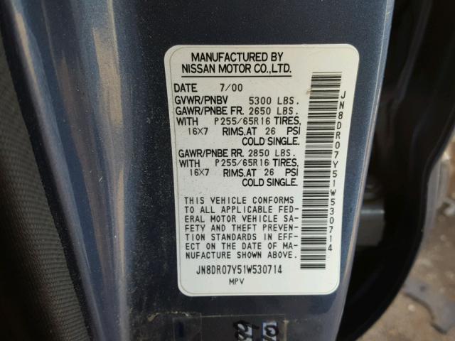 JN8DR07Y51W530714 - 2001 NISSAN PATHFINDER BLUE photo 10