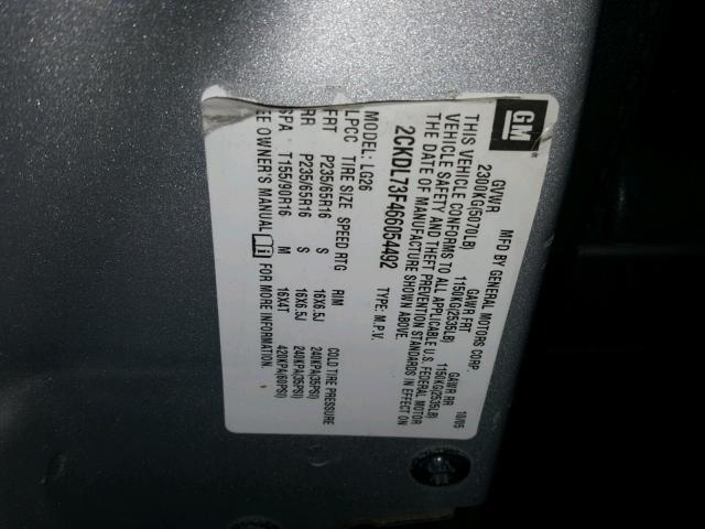 2CKDL73F466054492 - 2006 PONTIAC TORRENT GRAY photo 10