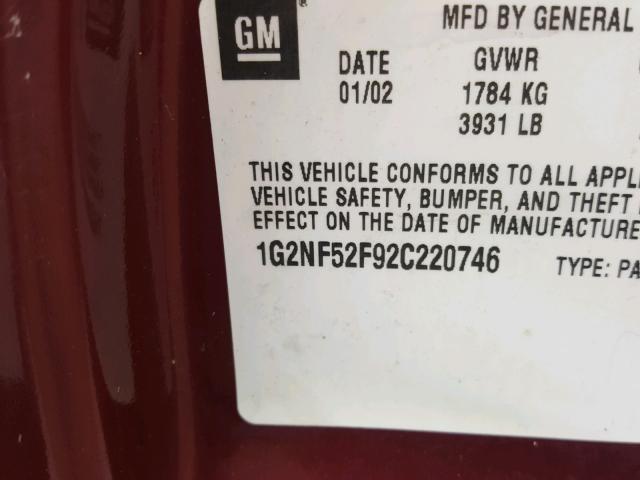 1G2NF52F92C220746 - 2002 PONTIAC GRAND AM S Bordo foto 10