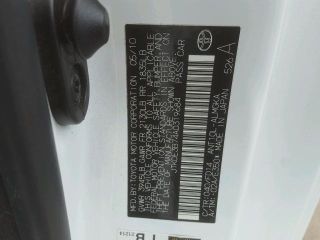 JTKDE3B74A0319684 - 2010 TOYOTA SCION TC 白色 照片 10