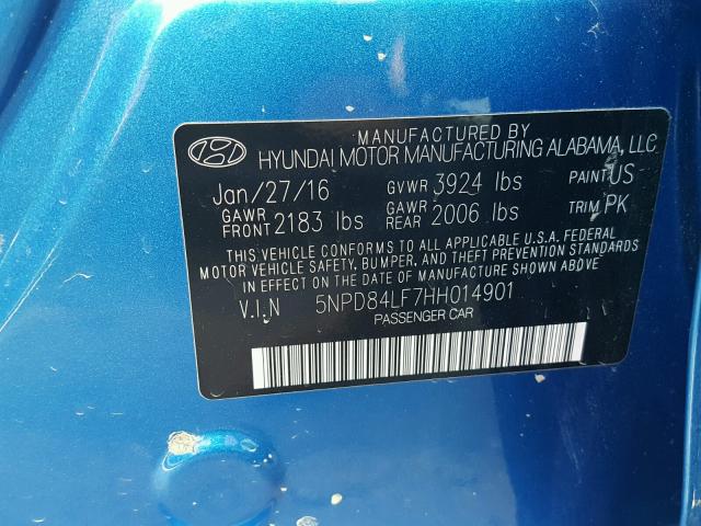 5NPD84LF7HH014901 - 2017 HYUNDAI ELANTRA SE BLUE photo 10