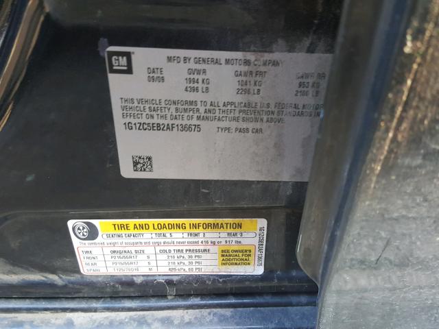 1G1ZC5EB2AF136675 - 2010 CHEVROLET MALIBU 1LT შავი ფოტო 10