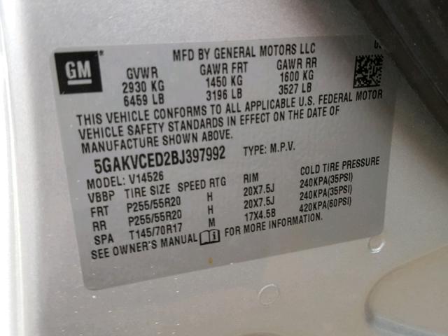 5GAKVCED2BJ397992 - 2011 BUICK ENCLAVE CX SILVER photo 10