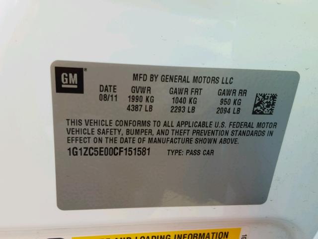 1G1ZC5E00CF151581 - 2012 CHEVROLET MALIBU 1LT 白色 照片 10