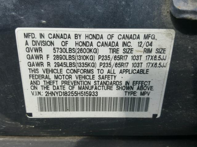 2HNYD18255H515933 - 2005 ACURA MDX GRAY photo 10