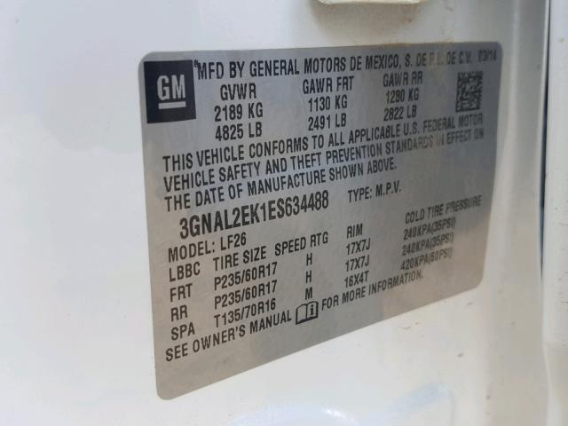 3GNAL2EK1ES634488 - 2014 CHEVROLET CAPTIVA LS 白色 照片 10