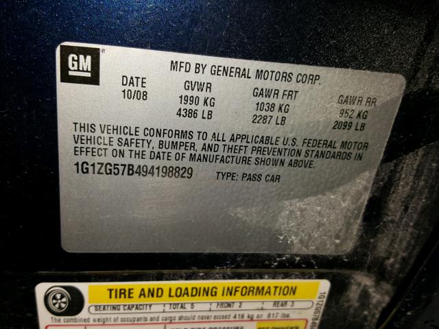 1G1ZG57B494198829 - 2009 CHEVROLET MALIBU LS ლურჯი ფოტო 10