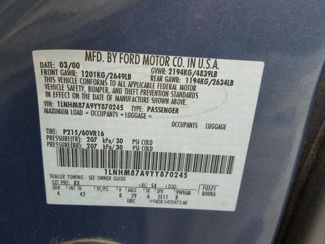 1LNHM87A9YY870245 - 2000 LINCOLN LS BLUE photo 10