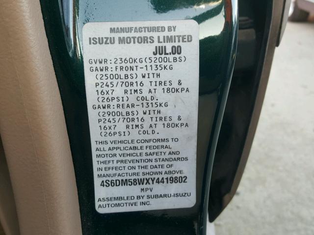 4S6DM58WXY4419802 - 2000 HONDA PASSPORT E GREEN photo 10