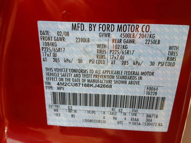 4M2CU87188KJ42668 - 2008 MERCURY MARINER PR RED photo 10