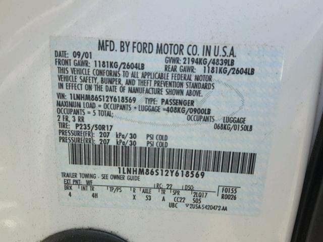 1LNHM86S12Y618569 - 2002 LINCOLN LS 白色 照片 10