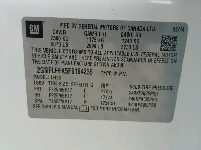 2GNFLFEK5F6164236 - 2015 CHEVROLET EQUINOX LT WHITE photo 10