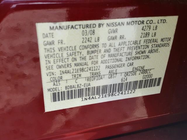 1N4AL21E98C241122 - 2008 NISSAN ALTIMA 2.5 BURGUNDY photo 10