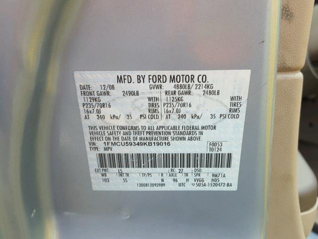 1FMCU59349KB19016 - 2009 FORD ESCAPE HYB YELLOW photo 10