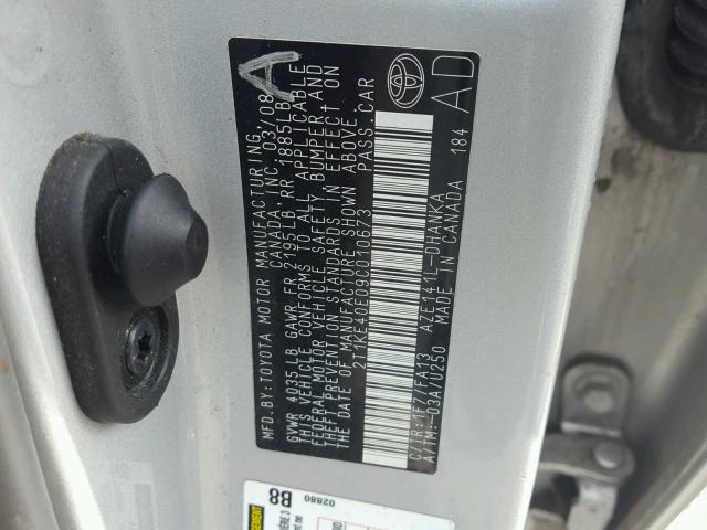 2T1KE40E09C010673 - 2009 TOYOTA COROLLA MA SILVER photo 10