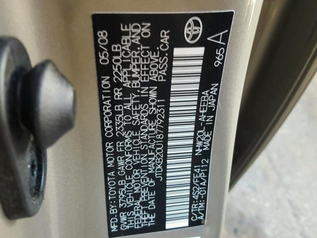 JTDKB20U187792311 - 2008 TOYOTA PRIUS 棕色 照片 10