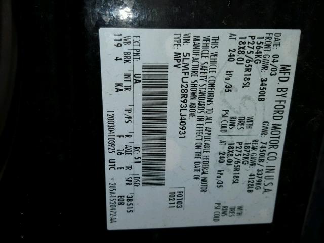 5LMFU28R93LJ40931 - 2003 LINCOLN NAVIGATOR BLACK photo 10