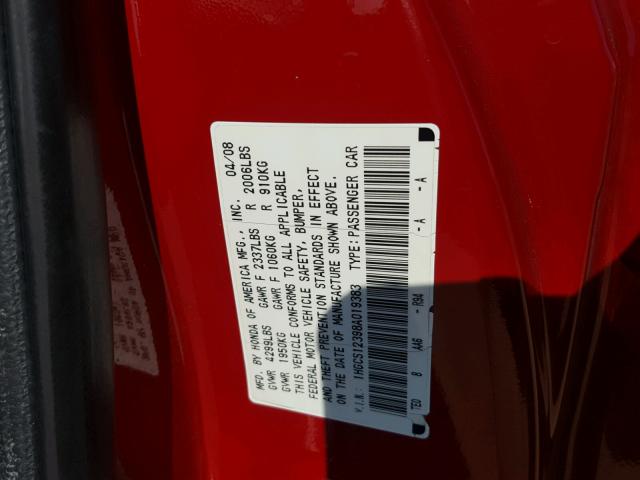 1HGCS12398A019383 - 2008 HONDA ACCORD LX- RED photo 10