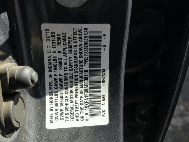 19XFA1F30AE036116 - 2010 HONDA CIVIC VP GRAY photo 10