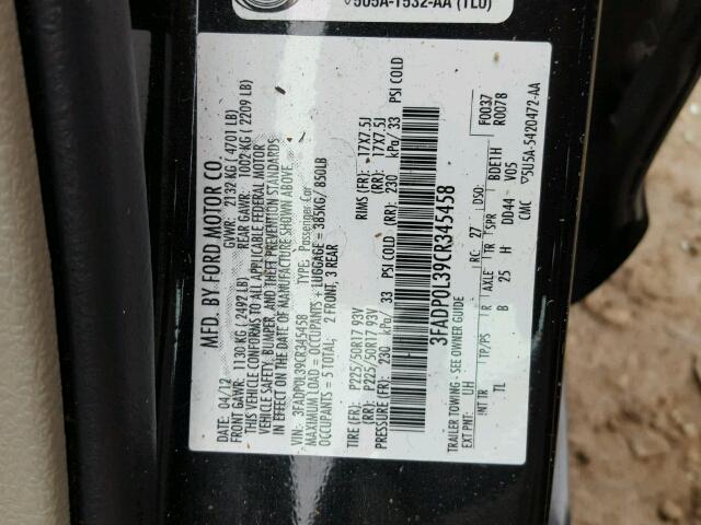 3FADP0L39CR345458 - 2012 FORD FUSION HYB BLACK photo 10