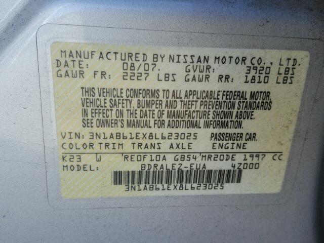 3N1AB61EX8L623025 - 2008 NISSAN SENTRA 2.0 SILVER photo 10