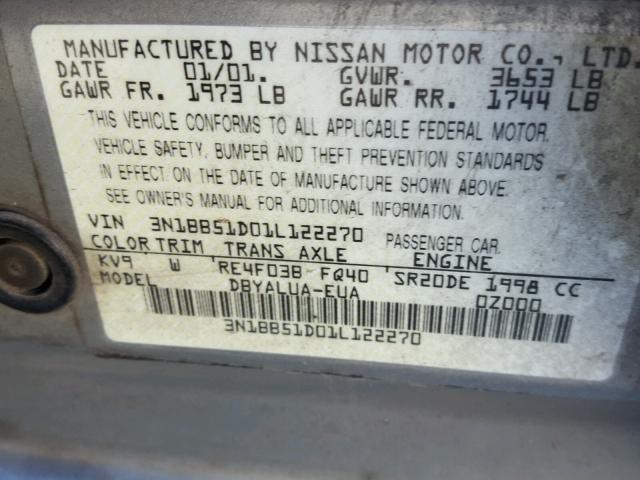 3N1BB51D01L122270 - 2001 NISSAN SENTRA SE GRAY photo 10