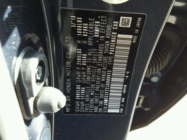 JHMFC1F72JX008913 - 2018 HONDA CIVIC EXL BLUE photo 10