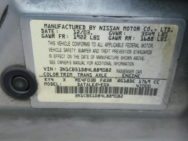 3N1CB51D84L889082 - 2004 NISSAN SENTRA SILVER photo 10