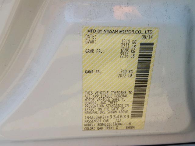 1N4AL3AP5FN334633 - 2015 NISSAN ALTIMA 2.5 白色 照片 10