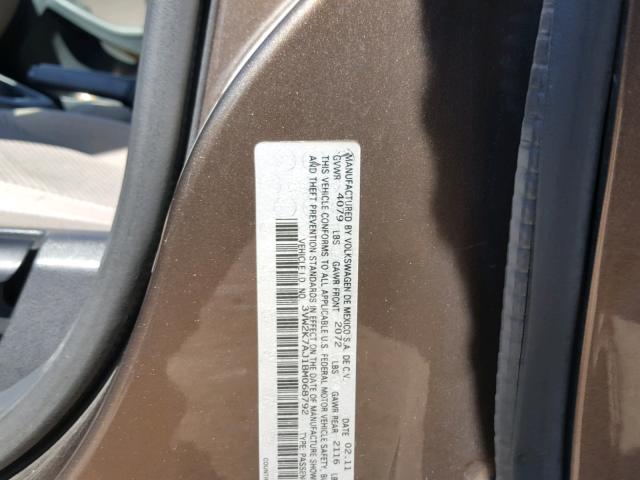 3VW2K7AJ1BM068792 - 2011 VOLKSWAGEN JETTA BASE 棕色 照片 10