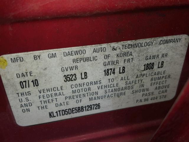 KL1TD5DE5BB129726 - 2011 CHEVROLET AVEO LS RED photo 10