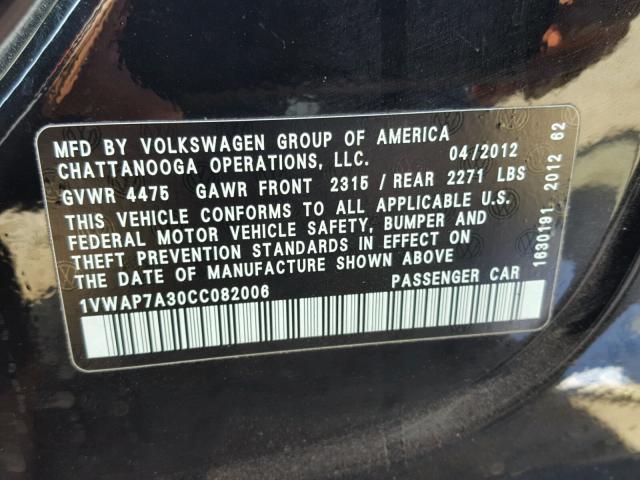 1VWAP7A30CC082006 - 2012 VOLKSWAGEN PASSAT S أسود صورة 10